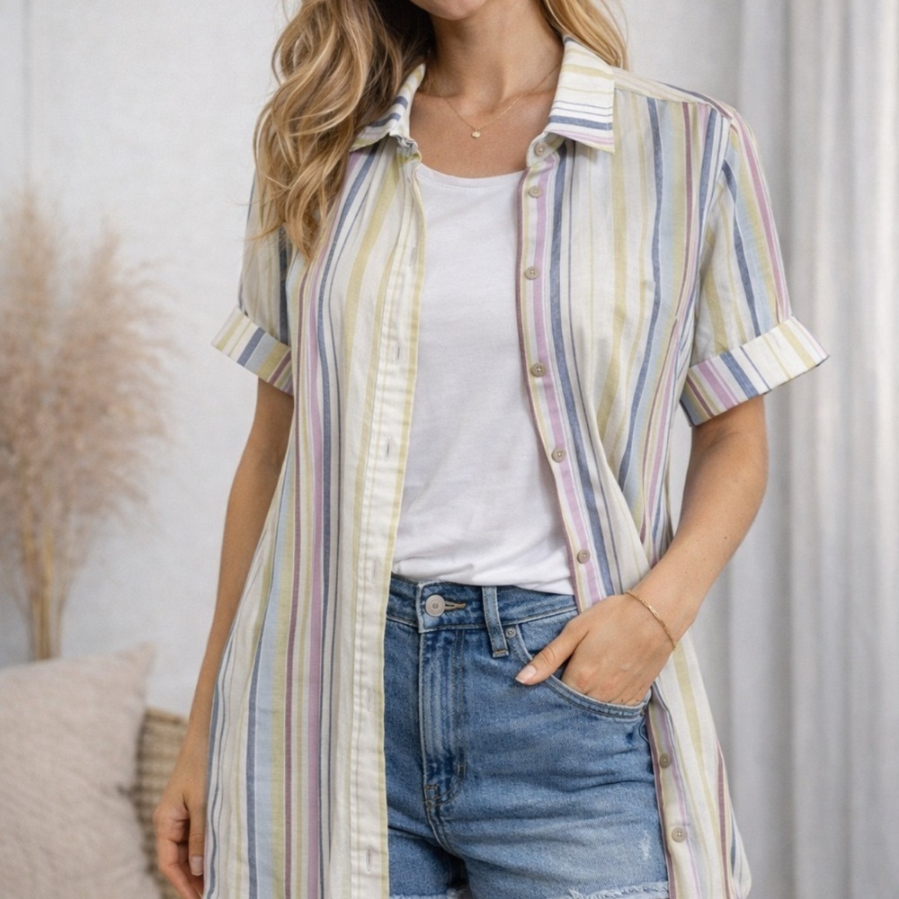 100% Linen Pastel Stripe Button-Up Shirt | Coastal Summer Layering Top